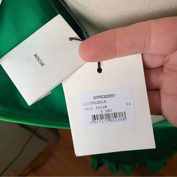 Sandro Falbala Green Puff Sleeve Midi Dress S | Cutout Ruffle Hem Rainbow Jewel - Picture 4 of 11